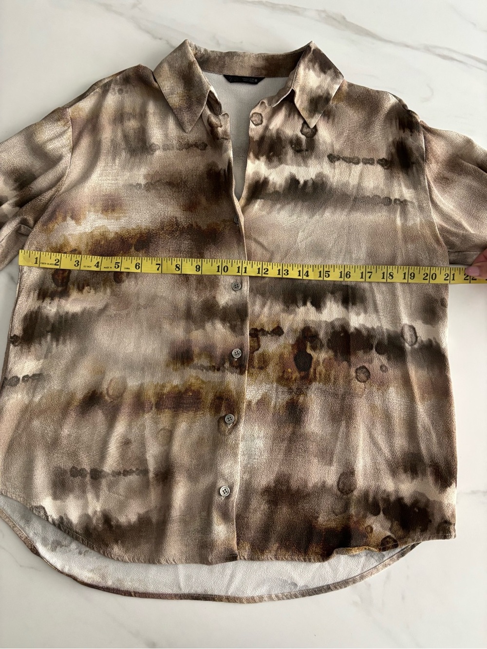 Zara Taupe Tie-Dye Button-Up Shirt viscose Erthy Natural Sz S oversized - Picture 6 of 9